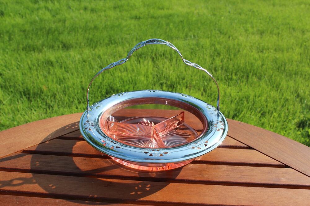 Depression Pink Glass Divided Dish with Silver Serving Tray Handle Carrier